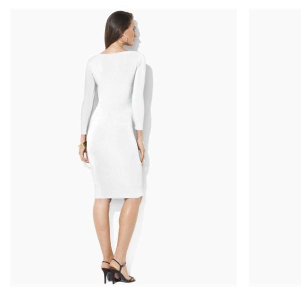 LAUREN RALPH LAUREN Gray White Geometric Print Ruched Side Faux Wrap Dress 14P - Picture 3 of 10